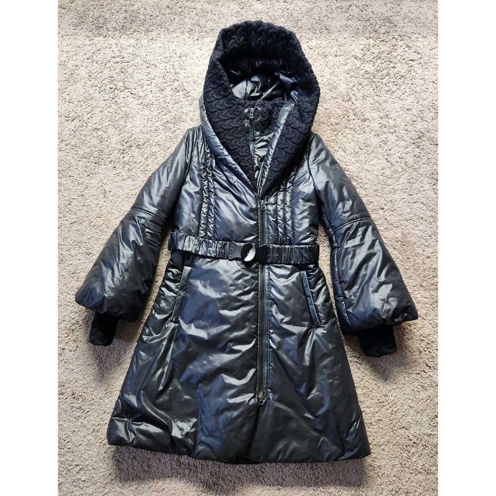 Mackage Ace Womens M Glossy Puffer Coat Jacket Parka Leather Wool Trimming